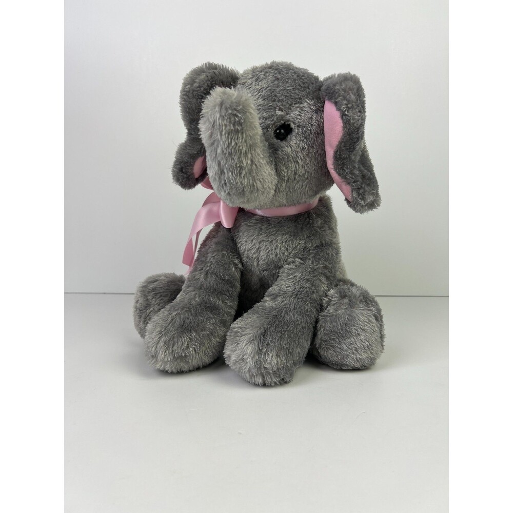 GUND Plush Gray Elephant Pink Bow Ribbon Stuffed Animal Toy 12" Soft